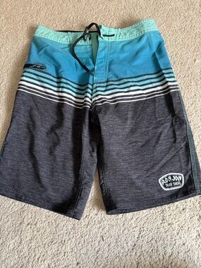 Ron Jon Surf Shop Teal & Charcoal Stripe Boardshorts